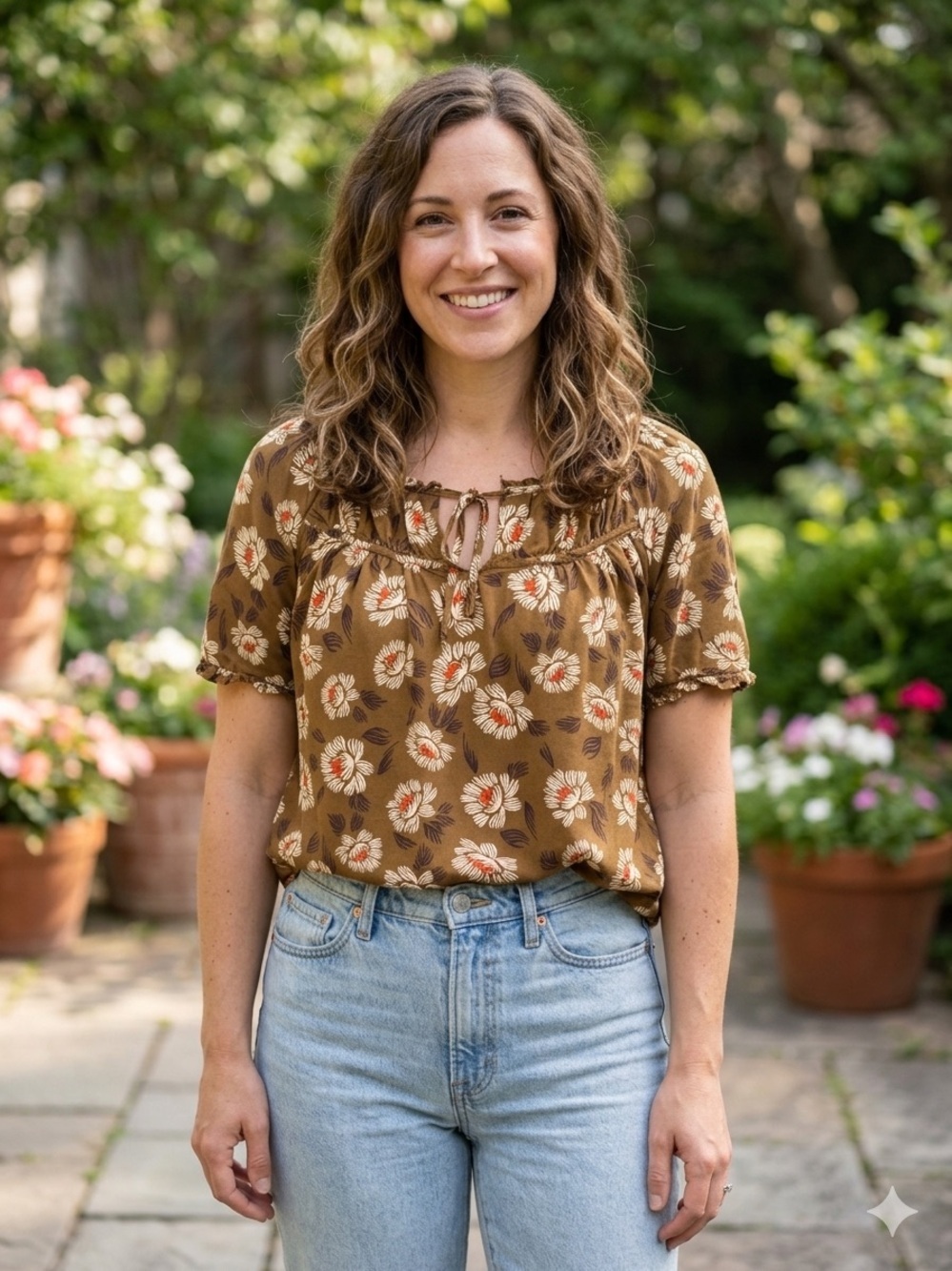 dip | Green Floral Tie-Neck Peasant Blouse | Sz S